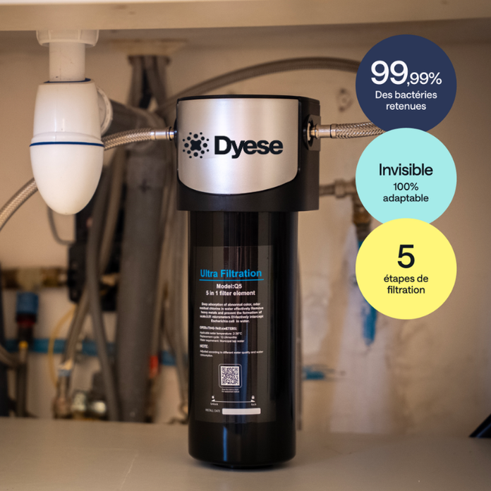 Cartouche filtrante remplaçable rapide filtre sous évier Dyese vue installé sous evier