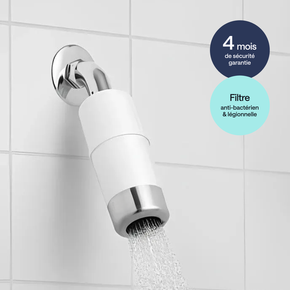 Filtre mural Wallshower Dyese — vue d'ensemble installation murale filtre blanc anti légionelle et bactéries